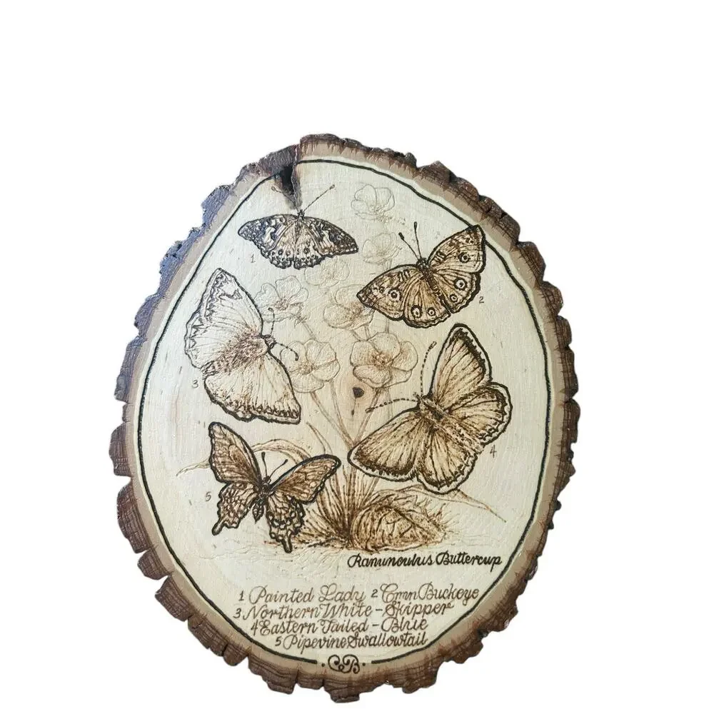Hand painted Butterflies Wood Burning Plaque Live Edge Basswood‎ Oval Roels